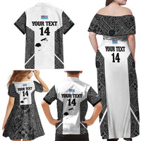 Custom Fiji Tapa Rugby Family Matching Off Shoulder Maxi Dress and Hawaiian Shirt Flying Fijian Black And White Version