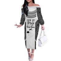 Custom Fiji Tapa Rugby Off The Shoulder Long Sleeve Dress Flying Fijian Black And White Version