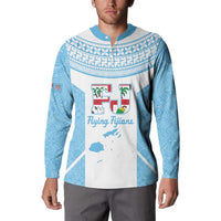 Custom Fiji Tapa Rugby Button Sweatshirt Flying Fijian Blue And White Version