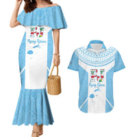 Custom Fiji Tapa Rugby Couples Matching Mermaid Dress and Hawaiian Shirt Flying Fijian Blue And White Version