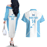 Custom Fiji Tapa Rugby Couples Matching Off The Shoulder Long Sleeve Dress and Hawaiian Shirt Flying Fijian Blue And White Version