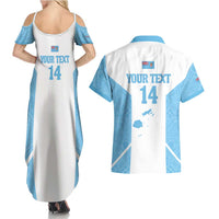 Custom Fiji Tapa Rugby Couples Matching Summer Maxi Dress and Hawaiian Shirt Flying Fijian Blue And White Version