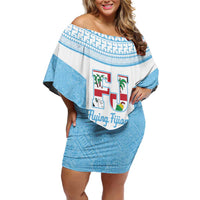 Custom Fiji Tapa Rugby Family Matching Off Shoulder Short Dress and Hawaiian Shirt Flying Fijian Blue And White Version