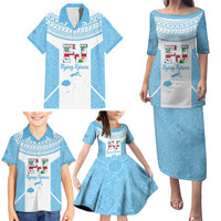 Custom Fiji Tapa Rugby Family Matching Puletasi and Hawaiian Shirt Flying Fijian Blue And White Version