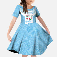 Custom Fiji Tapa Rugby Kid Short Sleeve Dress Flying Fijian Blue And White Version