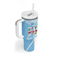 Custom Fiji Tapa Rugby Tumbler With Handle Flying Fijian Blue And White Version