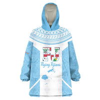 Custom Fiji Tapa Rugby Wearable Blanket Hoodie Flying Fijian Blue And White Version