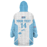 Custom Fiji Tapa Rugby Wearable Blanket Hoodie Flying Fijian Blue And White Version