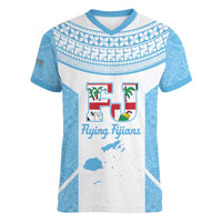 Custom Fiji Tapa Rugby Women V-Neck T-Shirt Flying Fijian Blue And White Version