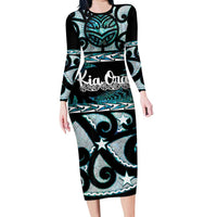 Kia Ora New Zealand Long Sleeve Bodycon Dress Aotearoa Proud Maori Paua Shell Silver Fern - Polynesian Pride