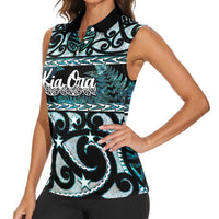 Kia Ora New Zealand Women Sleeveless Polo Shirt Aotearoa Proud Maori Paua Shell Silver Fern - Polynesian Pride