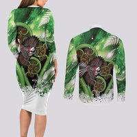 Piwakawaka New Zealand Christmas In July Couples Matching Long Sleeve Bodycon Dress and Long Sleeve Button Shirt NZ Aroha Koru Fern Marble Vibes