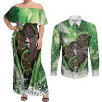 Piwakawaka New Zealand Christmas In July Couples Matching Off Shoulder Maxi Dress and Long Sleeve Button Shirt NZ Aroha Koru Fern Marble Vibes LT14 Green - Polynesian Pride