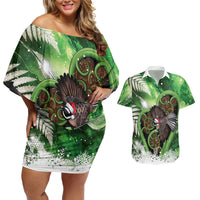 Piwakawaka New Zealand Christmas In July Couples Matching Off Shoulder Short Dress and Hawaiian Shirt NZ Aroha Koru Fern Marble Vibes