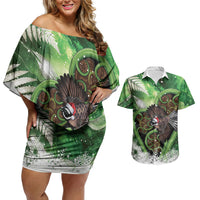 Piwakawaka New Zealand Christmas In July Couples Matching Off Shoulder Short Dress and Hawaiian Shirt NZ Aroha Koru Fern Marble Vibes LT14 Green - Polynesian Pride