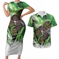 Piwakawaka New Zealand Christmas In July Couples Matching Short Sleeve Bodycon Dress and Hawaiian Shirt NZ Aroha Koru Fern Marble Vibes LT14 Green - Polynesian Pride