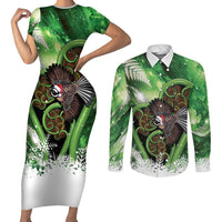 Piwakawaka New Zealand Christmas In July Couples Matching Short Sleeve Bodycon Dress and Long Sleeve Button Shirt NZ Aroha Koru Fern Marble Vibes LT14 Green - Polynesian Pride