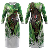 Piwakawaka New Zealand Christmas In July Family Matching Long Sleeve Bodycon Dress and Hawaiian Shirt NZ Aroha Koru Fern Marble Vibes LT14 Mom's Dress Green - Polynesian Pride