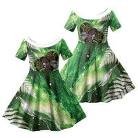 Piwakawaka New Zealand Christmas In July Family Matching Long Sleeve Bodycon Dress and Hawaiian Shirt NZ Aroha Koru Fern Marble Vibes LT14 Daughter's Dress Green - Polynesian Pride