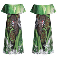 Piwakawaka New Zealand Christmas In July Family Matching Off Shoulder Maxi Dress and Hawaiian Shirt NZ Aroha Koru Fern Marble Vibes LT14 Mom's Dress Green - Polynesian Pride