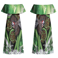 Piwakawaka New Zealand Christmas In July Family Matching Off Shoulder Maxi Dress and Hawaiian Shirt NZ Aroha Koru Fern Marble Vibes LT14 Mom's Dress Green - Polynesian Pride