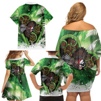Piwakawaka New Zealand Christmas In July Family Matching Off Shoulder Short Dress and Hawaiian Shirt NZ Aroha Koru Fern Marble Vibes LT14 Mom's Dress Green - Polynesian Pride