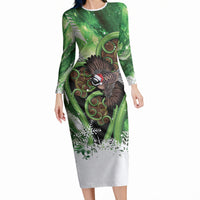 Piwakawaka New Zealand Christmas In July Long Sleeve Bodycon Dress NZ Aroha Koru Fern Marble Vibes LT14 Long Dress Green - Polynesian Pride