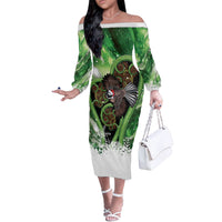 Piwakawaka New Zealand Christmas In July Off The Shoulder Long Sleeve Dress NZ Aroha Koru Fern Marble Vibes LT14 Women Green - Polynesian Pride