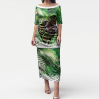 Piwakawaka New Zealand Christmas In July Puletasi NZ Aroha Koru Fern Marble Vibes LT14 Long Dress Green - Polynesian Pride