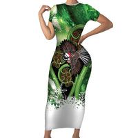 Piwakawaka New Zealand Christmas In July Short Sleeve Bodycon Dress NZ Aroha Koru Fern Marble Vibes LT14 Long Dress Green - Polynesian Pride
