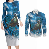Tui Bird New Zealand Christmas In July Couples Matching Long Sleeve Bodycon Dress and Long Sleeve Button Shirt NZ Aroha Koru Fern Marble Vibes LT14 Blue - Polynesian Pride
