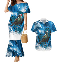 Tui Bird New Zealand Christmas In July Couples Matching Mermaid Dress and Hawaiian Shirt NZ Aroha Koru Fern Marble Vibes