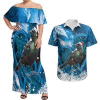 Tui Bird New Zealand Christmas In July Couples Matching Off Shoulder Maxi Dress and Hawaiian Shirt NZ Aroha Koru Fern Marble Vibes LT14 Blue - Polynesian Pride