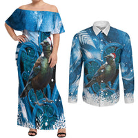 Tui Bird New Zealand Christmas In July Couples Matching Off Shoulder Maxi Dress and Long Sleeve Button Shirt NZ Aroha Koru Fern Marble Vibes LT14 Blue - Polynesian Pride