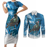Tui Bird New Zealand Christmas In July Couples Matching Short Sleeve Bodycon Dress and Long Sleeve Button Shirt NZ Aroha Koru Fern Marble Vibes LT14 Blue - Polynesian Pride