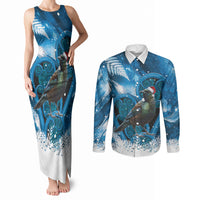Tui Bird New Zealand Christmas In July Couples Matching Tank Maxi Dress and Long Sleeve Button Shirt NZ Aroha Koru Fern Marble Vibes LT14 Blue - Polynesian Pride