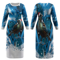 Tui Bird New Zealand Christmas In July Family Matching Long Sleeve Bodycon Dress and Hawaiian Shirt NZ Aroha Koru Fern Marble Vibes LT14 Mom's Dress Blue - Polynesian Pride
