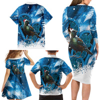 Tui Bird New Zealand Christmas In July Family Matching Long Sleeve Bodycon Dress and Hawaiian Shirt NZ Aroha Koru Fern Marble Vibes