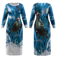 Tui Bird New Zealand Christmas In July Family Matching Long Sleeve Bodycon Dress and Hawaiian Shirt NZ Aroha Koru Fern Marble Vibes LT14 Mom's Dress Blue - Polynesian Pride