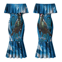 Tui Bird New Zealand Christmas In July Family Matching Mermaid Dress and Hawaiian Shirt NZ Aroha Koru Fern Marble Vibes LT14 Mom's Dress Blue - Polynesian Pride