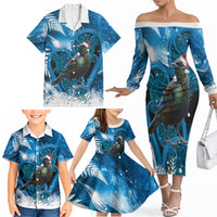 Tui Bird New Zealand Christmas In July Family Matching Off The Shoulder Long Sleeve Dress and Hawaiian Shirt NZ Aroha Koru Fern Marble Vibes LT14 - Polynesian Pride