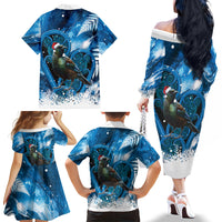 Tui Bird New Zealand Christmas In July Family Matching Off The Shoulder Long Sleeve Dress and Hawaiian Shirt NZ Aroha Koru Fern Marble Vibes LT14 Mom's Dress Blue - Polynesian Pride