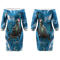 Tui Bird New Zealand Christmas In July Family Matching Off The Shoulder Long Sleeve Dress and Hawaiian Shirt NZ Aroha Koru Fern Marble Vibes LT14 Mom's Dress Blue - Polynesian Pride