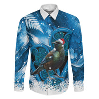 Tui Bird New Zealand Christmas In July Family Matching Off The Shoulder Long Sleeve Dress and Hawaiian Shirt NZ Aroha Koru Fern Marble Vibes LT14 Daughter's Dress Blue - Polynesian Pride