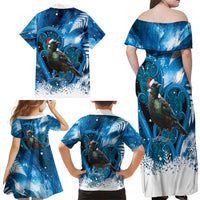 Tui Bird New Zealand Christmas In July Family Matching Off Shoulder Maxi Dress and Hawaiian Shirt NZ Aroha Koru Fern Marble Vibes LT14 Mom's Dress Blue - Polynesian Pride