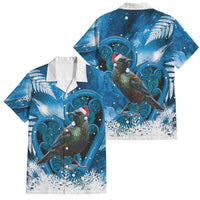 Tui Bird New Zealand Christmas In July Family Matching Off Shoulder Maxi Dress and Hawaiian Shirt NZ Aroha Koru Fern Marble Vibes LT14 Dad's Shirt - Short Sleeve Blue - Polynesian Pride