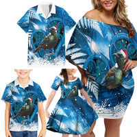 Tui Bird New Zealand Christmas In July Family Matching Off Shoulder Short Dress and Hawaiian Shirt NZ Aroha Koru Fern Marble Vibes LT14 - Polynesian Pride
