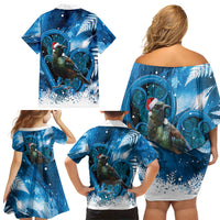 Tui Bird New Zealand Christmas In July Family Matching Off Shoulder Short Dress and Hawaiian Shirt NZ Aroha Koru Fern Marble Vibes LT14 Mom's Dress Blue - Polynesian Pride