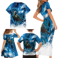 Tui Bird New Zealand Christmas In July Family Matching Short Sleeve Bodycon Dress and Hawaiian Shirt NZ Aroha Koru Fern Marble Vibes LT14 Mom's Dress Blue - Polynesian Pride