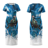 Tui Bird New Zealand Christmas In July Family Matching Short Sleeve Bodycon Dress and Hawaiian Shirt NZ Aroha Koru Fern Marble Vibes LT14 Mom's Dress Blue - Polynesian Pride